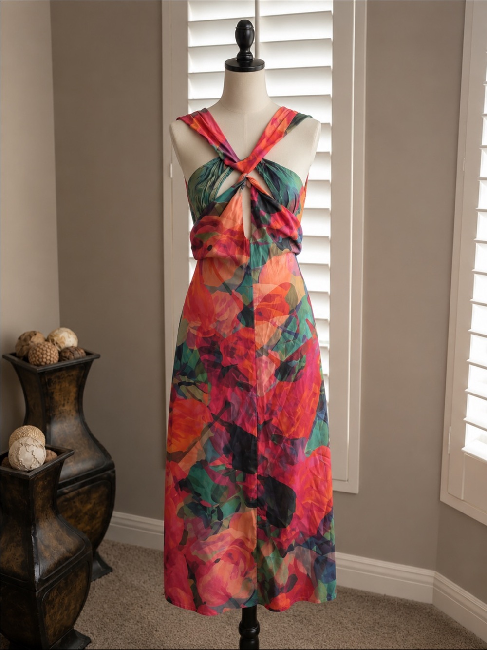 Tropical Multicolor Maxi Dress with Twist Front